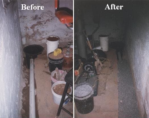 Before and after of a basement French drain installation