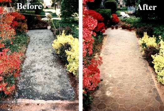 Before and after of a front walkway: a plain path transformed into a paver walkway lined with flowers